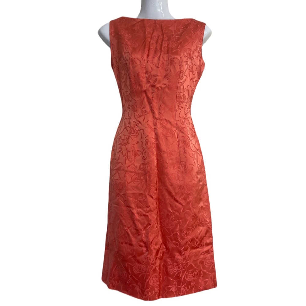 Vintage circa1962 Coral Lined Brocade Sheath Lily Motif XS Junior Fit